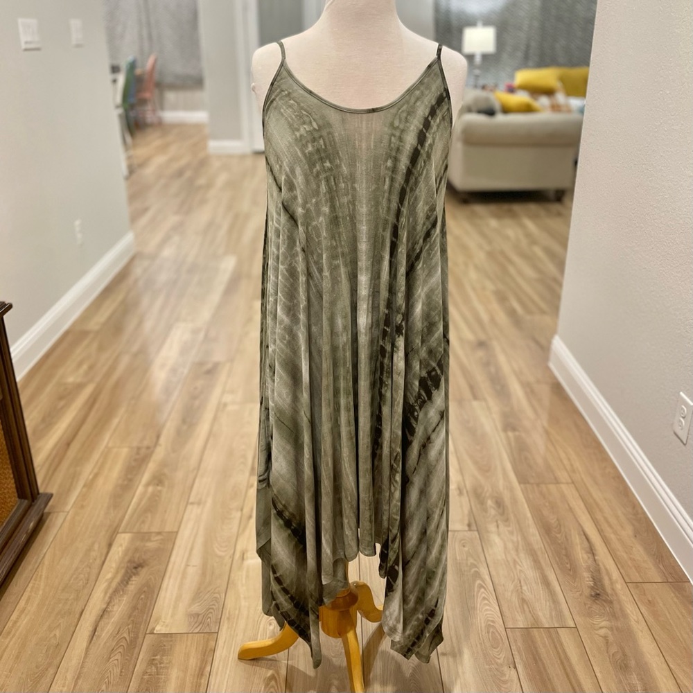 Olive Green Tie Dye Shark Tooth Spaghetti Strap Dress